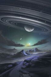 artist_logo cloud commentary english_commentary highres hill kvacm landscape logo moon mountainous_horizon night no_humans original planet planetary_ring scenery sky space star_(sky) starry_sky watermark