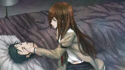 1boy 1girl adam&#039;s_apple arm_belt beard_stubble bed bed_sheet bedside belt black_hair black_pantyhose black_shorts breasts brown_hair brown_jacket closed_eyes closed_mouth coat collared_shirt crying crying_with_eyes_open facial_hair from_side frown game_cg hair_between_eyes hair_over_breasts hair_over_shoulder hand_on_another&#039;s_cheek hand_on_another&#039;s_face highres huke indoors jacket jacket_partially_removed lab_coat leaning_to_the_side leather_belt long_sleeves looking_at_another makise_kurisu messy_hair narrowed_eyes necktie non-web_source official_art okabe_rintarou on_bed open_mouth pantyhose pink_lips purple_eyes purple_trim red_necktie ringed_eyes sad shiny_lips shirt short_hair shorts sitting sleeping small_breasts square_pupils steins;gate steins;gate:_linear_bounded_phenogram stubble tearing_up tears under_covers white_belt white_coat white_shirt worried
