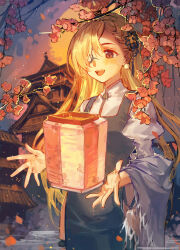 Rule 34 | 1girl, absurdres, blonde hair, building, ciloranko, cz52 (girls&#039; frontline), earrings, flower, girls&#039; frontline, highres, jewelry, lantern, long hair, long sleeves, open mouth, white sleeves