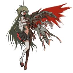 1girl ascot black_skirt blank_eyes body_horror braid brown_eyes chidori_(penguin_matsuno) collared_shirt drop_shadow empty_eyes full_body green_hair grin hand_on_own_chest highres kneehighs long_hair looking_at_viewer nude orange_vest plant_wings pleated_skirt red_ascot sayonara_wo_oshiete school_uniform shirt shoes simple_background single_bare_foot skirt smile socks solo split_theme sugamo_mutsuki tentacles twin_braids underbust uwabaki very_long_hair vest white_background white_shirt white_socks wings