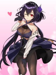 1girl ;o absurdres bare_shoulders black_dress black_gloves black_pantyhose blowing_kiss blurry blurry_background breasts chestnut_mouth cleavage commentary counter:side dress floating_clothes flower gloves gradient_background hair_between_eyes hair_flower hair_ornament halter_dress halterneck headpiece heart highres jacket leg_up lily_(counter:side) long_hair low_twintails medium_breasts off_shoulder official_alternate_costume one_eye_closed osunahanko pantyhose pink_background purple_dress purple_flower purple_hair purple_rose red_eyes rose solo twintails very_long_hair white_background white_jacket