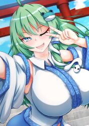 ;d absurdres blue_eyes breasts detached_sleeves dollyspica frog_hair_ornament green_hair hair_ornament hair_tubes highres huge_breasts kochiya_sanae nontraditional_miko one_eye_closed open_mouth selfie shirt single_hair_tube smile snake_hair_ornament torii touhou v white_shirt