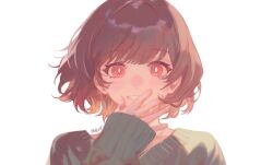 1other artist_name blunt_bangs blush bright_pupils brown_hair chara_(undertale) eyelashes fingernails green_sweater grin highres jewelry long_sleeves looking_at_viewer medium_hair necklace portrait red_eyes smile solo sweater undertale white_background white_pupils wsfish8