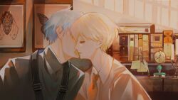 2boys blonde_hair blue_hair book bug butterfly candle candlestand check_copyright chinese_commentary clock closed_eyes closed_mouth collared_shirt commentary_request copyright_request expressionless eyelashes from_side grey_shirt highres indoors inkwell insect kiss kissing_cheek light_rays male_focus multiple_boys necktie note orange_necktie original painting_(object) pink_lips quill sbgpand shirt short_hair sunset suspenders turtleneck turtleneck_shirt upper_body white_shirt window yaoi