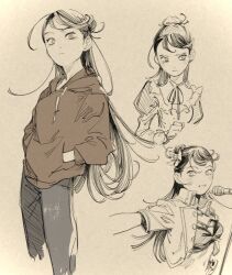 1girl commentary_request crop_top dress hair_bun hands_in_pockets highres hood hoodie idolmaster idolmaster_cinderella_girls imay3927 jacket kirino_aya long_hair looking_at_viewer microphone multiple_views open_clothes open_jacket sketch smile staring score:1 rating:general Rule 34 | 1girl, commentary request, crop top, dress, hair bun, hands in pockets, highres, hood, hoodie, idolmaster, idolmaster cinderella girls, imay3927, jacket, kirino aya, long hair, looking at viewer, microphone, multiple views, open clothes, open jacket, sketch, smile, staring