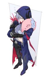 1boy animal animal_on_shoulder bandaged_arm bandages black_footwear black_gloves black_pants border closed_eyes coat crossed_arms full_body gloves highres honkai:_star_rail honkai_(series) hood hooded_coat male_focus moze_(honkai:_star_rail) nose_bubble pants purple_background purple_coat purple_hair purple_shirt red_coat shirt single_glove sleeping squeans tuskpir_(honkai:_star_rail) two-sided_coat two-sided_fabric white_background yakota_(usuk-yako)