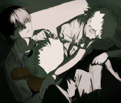 2boys black_hair black_pants closed_mouth collared_shirt hashtag-only_commentary highres highugkomori2 hikaru_(hikaru_ga_shinda_natsu) hikaru_ga_shinda_natsu looking_at_another male_focus multiple_boys pants red_pupils school_uniform shirt short_hair short_sleeves sitting tears tsujinaka_yoshiki white_hair white_shirt