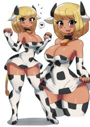 1girl animal_ears animal_print bell blonde_hair blush boots breasts cleavage clothes_lift collar collarbone cow_ears cow_girl cow_horns cow_print cow_tail cowbell dark_skin dress dress_lift fingerless_gloves gloves grey_eyes heart high_heels horns large_breasts looking_at_viewer miu_(tony_welt) multiple_views neck_bell open_mouth original print_boots print_dress print_gloves short_hair smile sparkle speech_bubble spoken_heart standing strapless strapless_dress tail teeth thick_thighs thigh_boots thighs tony_welt white_background white_boots white_dress white_gloves wide_hips
