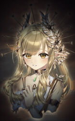 1girl arknights brown_hair choker ear_piercing elf highres jewelry laurel_crown laurels long_hair mole mole_under_eye muelsyse_(arknights) o_eeee_o piercing pointy_ears smile solo yellow_eyes