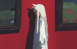 1girl absurdres animal_ears dress from_side green_eyes highres long_hair long_sleeves no_mouth original painting_(object) solo white_dress white_hair yura_(yr_yae)
