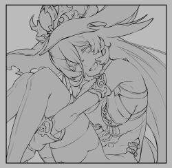 Rule 34 | 1girl, armlet, breasts, cleavage, commentary request, hat, hugging own legs, jewelry, large breasts, lineart, long hair, monochrome, nijisanji, nui sociere, one eye closed, solo, tarte (hodarake), thighhighs, torn clothes, torn hat, very long hair, witch hat