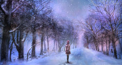 00 1girl arms_behind_back bare_tree black_thighhighs blurry female_focus from_behind highres hood hoodie knit_hat original path plaid_clothes plaid_skirt road scenery skirt snow snowing solo thighhighs tree winter winter_clothes