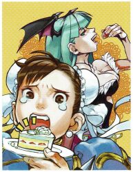 2girls artist_request breasts brown_eyes brown_hair cake capcom chun-li darkstalkers double_bun eating food fruit green_eyes green_hair hair_bun highres holding holding_cake holding_food holding_fruit morrigan_aensland multiple_girls open_mouth strawberry street_fighter tagme third-party_source