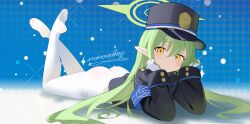 1girl absurdres armband ass black_hat black_jacket blue_archive blue_armband blue_background commentary feet_up full_body green_hair hand_on_own_cheek hand_on_own_face hat highres hikari_(blue_archive) jacket long_hair long_sleeves looking_at_viewer lying momobug22 no_pants no_shoes on_stomach pantyhose peaked_cap pointy_ears safety_pin signature solo white_pantyhose yellow_eyes