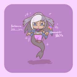 1girl :&lt; armlet basilosaurus_isis_(kemono_friends) blue_eyes blue_hair border bracelet cetacean_tail character_name closed_mouth dark-skinned_female dark_skin fins fish_tail floating full_body grey_hair hamanekoko holding holding_wand jewelry kemono_friends kemono_friends_3 long_hair long_tail looking_at_viewer multicolored_hair pants pink_border pink_pants solo sparkle straight-on strapless suspenders tail twitter_username very_long_hair wand white_hair