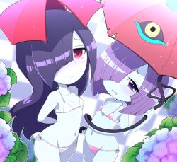 2girls ameonna_(youkai_watch) ameonna_(youkai_watch_4) bikini blue_skin blush breasts closed_mouth colored_skin flat_chest flower hair_over_one_eye holding holding_umbrella light_frown long_hair mother_and_daughter multiple_girls navel nollety open_mouth pink_bikini pink_eyes purple_eyes purple_hair short_hair side-tie_bikini_bottom small_breasts swimsuit tears umbrella white_bikini youkai_(youkai_watch) youkai_watch youkai_watch_2 youkai_watch_4