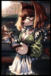 1girl animal_collar apron black_border black_hairband book border breasts brown_hair cleavage closed_mouth collar commentary cup dog dress english_commentary feet_out_of_frame from_side furry furry_female glasses green_dress hairband highres holding holding_book kettle large_breasts long_sleeves maid maid_apron mogy64 open_book original reading short_hair sidelighting steam striped_clothes striped_dress teacup twitter_username upper_body vertical-striped_clothes vertical-striped_dress yellow_eyes