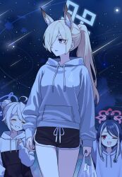 Rule 34 | 3girls, :3, absurdres, ahoge, animal ear fluff, animal ears, antenna hair, arms behind head, bag, black hoodie, black shorts, blonde hair, blue archive, blue eyes, blue hair, blue halo, clenched teeth, closed eyes, commentary, dog ears, dolphin shorts, fubuki (blue archive), grey hoodie, grin, hair bun, hair ornament, hair over one eye, hairclip, halo, highres, holding, holding bag, hood, hoodie, kanna (blue archive), kirino (blue archive), long sleeves, multicolored hair, multiple girls, night, night sky, one eye closed, outdoors, pink halo, plastic bag, ponytail, puffy long sleeves, puffy sleeves, purple halo, red eyes, sharp teeth, shooting star, shorts, single hair bun, sky, smile, star (symbol), streaked hair, teeth, two-tone hoodie, vector (dmlddmld00), white hair, white hoodie