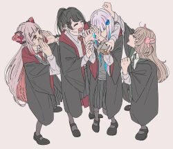 4girls :d black_hair black_skirt blue_hair blunt_bangs brown_hair cardigan cloak closed_eyes commentary_request cone_hair_bun cosplay covering_face double_bun dress_shirt full_body grey_hair grey_sweater gryffindor hair_bun hair_ornament hairclip hands_up highres hogwarts_school_uniform holding honey_strap hood hooded_cloak kamatama_rom laughing lize_helesta long_hair long_sleeves looking_at_another multicolored_hair multiple_girls nanashi_inc. natori_sana nijisanji open_mouth pink_hair rabbit_hair_ornament red_eyes sana_channel school_uniform shirt shoes simple_background skirt smile standing suou_patra sweater tsukino_mito two_side_up virtual_youtuber white_hair