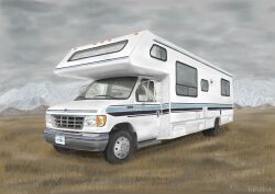 absurdres cloud cloudy_sky ford ford_e-series grass highres ma-ra_shinja_4 motor_vehicle motorhome mountain no_humans original realistic recreational_vehicle shadow sky vehicle_focus