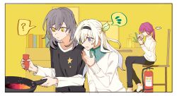 3girls beibc_eee black_sweater blush chair cup fire_extinguisher firefly_(honkai:_star_rail) grey_hair headband highres honkai:_star_rail honkai_(series) kafka_(honkai:_star_rail) long_hair multiple_girls simple_background sitting smile stelle_(honkai:_star_rail) sweater trailblazer_(honkai:_star_rail) white_sweater yuri
