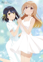 2girls absurdres black_hair blush breasts brown_eyes brown_hair cleavage collarbone dress hair_ribbon hand_on_another&#039;s_waist highres holding_hands interlocked_fingers kuromiya_saori long_hair looking_at_viewer magazine_scan medium_breasts megami_magazine multiple_girls official_art ribbon scan seiyuu_radio_no_uraomote short_hair short_sleeves sleeveless sleeveless_dress smile standing sundress utatane_yasumi white_dress yellow_eyes yuugure_yuuhi
