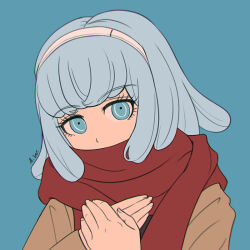 1girl artist_name blue_eyes blue_hair brown_jacket danganronpa_(series) danganronpa_3_(anime) gekkogahara_miaya hair_flaps hairband hands_up jacket medium_hair portrait red_scarf scarf scarf_over_mouth simple_background solo suika_no9