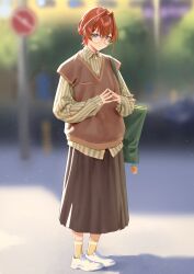 1girl absurdres alternate_costume ange_katrina bag blue_eyes blurry blurry_background breast_pocket brown_skirt brown_vest character_charm charm_(object) closed_mouth collared_shirt commentary_request day full_body glasses green_bag green_shirt hair_between_eyes hair_intakes hair_ornament hairpin highres leo_liao323 light_particles looking_at_viewer mandragora_(ange_katrina) medium_skirt multiple_hairpins nijisanji outdoors own_hands_together pocket red_hair semi-rimless_eyewear shadow shirt shoes short_hair shoulder_bag skirt sleeves_past_wrists socks solo steepled_fingers striped_clothes striped_shirt sweater_vest two-tone_shirt vertical-striped_clothes vertical-striped_shirt vest virtual_youtuber white_shoes yellow-framed_eyewear yellow_shirt yellow_socks