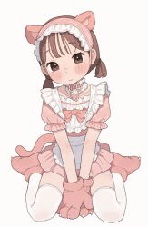 1girl animal_ears animal_hands apron bow bowtie brown_eyes brown_hair choker closed_mouth commentary dress english_commentary expressionless fake_animal_ears fake_tail frilled_apron frilled_choker frills full_body gloves highres looking_at_viewer maid maid_headdress mixed-language_commentary original paw_gloves paw_shoes pink_bow pink_bowtie pink_choker pink_dress pink_gloves pink_shoes possummachine shoes short_hair short_sleeves short_twintails sitting solo tail thighhighs twintails white_apron white_background white_thighhighs