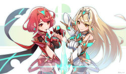 2girls black_gloves black_legwear blonde_hair breasts chest_jewel dual_persona earrings envelope female_focus fingerless_gloves floating_earring gloves hey_cre highres jewelry large_breasts long_hair multiple_girls mythra_(massive_melee)_(xenoblade) mythra_(xenoblade) nintendo pantyhose pantyhose_under_shorts pyra_(xenoblade) red_eyes red_hair red_legwear red_shorts shorts smash_invitation smile super_smash_bros. thigh_strap thighhighs xenoblade_chronicles_(series) xenoblade_chronicles_2 yellow_eyes