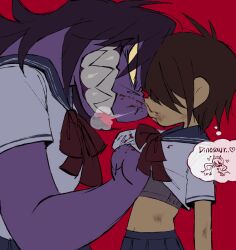1girl 1other baesongwanryo blood blood_on_face blue_sailor_collar blue_skirt bow bowtie brown_hair clothes_grab colored_sclera colored_skin commentary_request deltarune furry furry_female heart highres korean_commentary kris_(deltarune) long_hair purple_skin red_background red_bow red_bowtie sailor_collar school_uniform serafuku sharp_teeth shirt shirt_grab short_hair short_sleeves skirt speech_bubble susie_(deltarune) teeth thought_bubble white_shirt yellow_sclera
