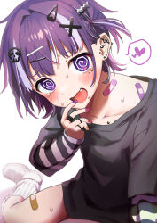 1boy :d @_@ absurdres aruminsuko bandaid bandaid_on_leg bandaid_on_neck bandaid_on_shoulder black_shirt blush commentary_request fang hair_ornament hairclip hand_up heart highres layered_sleeves long_sleeves looking_at_viewer male_focus multicolored_hair nail_polish open_mouth original purple_eyes purple_hair purple_nails ribbed_socks shirt shoes short_hair short_over_long_sleeves short_sleeves simple_background sitting skull_hair_ornament smile socks solo spoken_heart streaked_hair sweat tears white_background white_hair white_shoes white_socks x_hair_ornament