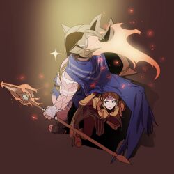 1boy 1girl armor armored_dress bandaged_hand bandages blue_cape boots brown_background brown_eyes brown_footwear brown_hair cape closed_mouth dress fire helmet hiding hiding_behind_another high_heel_boots high_heels holding holding_polearm holding_weapon league_of_legends leona_(league_of_legends) long_hair pantheon_(league_of_legends) parted_bangs polearm sandals scar scar_on_arm shadow shield simple_background sleeveless sparkle standing v-shaped_eyebrows warrior weapon zaket07