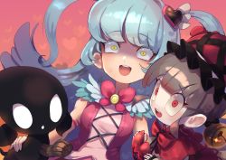 2girls :d absurdres bell blue_hair bow bowtie brown_hair capelet creature green_eyes hair_ornament hat heart heart_background heart_hair_ornament highres holding jingle_bell laetitia_(project_moon) lobotomy_corporation long_hair looking_at_viewer multiple_girls okame_nin open_mouth parted_lips project_moon queen_of_hatred red_capelet red_eyes red_neckwear round_teeth sanpaku scorched_girl smile sweat teeth two_side_up upper_teeth_only wide-eyed