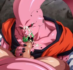 2boys antennae black_bracer black_sclera black_undershirt bracer censored collarbone colored_sclera colored_skin colored_tongue commentary cum cum_on_body cum_on_male cum_on_pectorals dougi dragon_ball dragonball_z evil_grin evil_smile facial fangs fellatio forced from_above gay_domination green_tongue grin handjob hole_on_body irrumatio long_tongue looking_at_viewer looking_up majin_buu male_focus multiple_boys muscular muscular_male no_eyebrows oguri_shun open_mouth oral orange_dougi orange_shirt outdoors pectorals penis penis_grab pink_skin pov pov_crotch red_eyes restrained rock saliva sharp_teeth shiny_skin shirt simple_background smile solo_focus super_buu sweat teeth testicles tongue tongue_out tonguejob undershirt upper_body upper_teeth_only yaoi