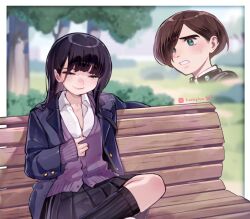 Rule 34 | 1boy, 1girl, aqua eyes, bench, black hair, black skirt, black socks, blue jacket, blush, boku no kokoro no yabai yatsu, brown hair, cardigan, crossed legs, gakuran, half-closed eyes, highres, ichikawa kyoutarou, instagram logo, instagram username, jacket, lianbiglian, long sleeves, outdoors, park bench, parody, partially unbuttoned, pleated skirt, purple cardigan, school uniform, shirt, skirt, smile, socks, solo, tree, white shirt, yamada anna, yaranaika