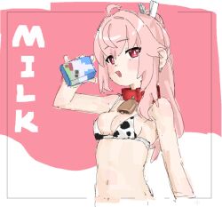 1girl animal_collar animal_print bell bikini blue_archive breasts collar cow_print cow_print_bikini cowbell loli long_hair milk min645251026530 natsu_(blue_archive) navel neck_bell pink_hair ponytail print_bikini red_eyes sketch small_breasts swimsuit