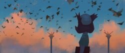 1girl absurdres af_(afloatisland) bianca_(pokemon_heroes) bird blue_sky brown_hair cloud facing_away flock gen_1_pokemon gen_3_pokemon green_shirt hat highres latias latios legendary_pokemon nintendo outdoors pidgey pokemon pokemon_(anime) pokemon_(classic_anime) pokemon_heroes:_latios_&amp;_latias shirt short_hair sketchbook sky white_hat