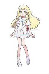 1girl backpack bag blonde_hair closed_mouth eneko_(olavcnkrpucl16a) eyelashes full_body green_eyes happy highres lillie_(pokemon) long_hair looking_at_viewer nintendo pink_bag pleated_skirt pokemon pokemon_sm shirt shoes short_sleeves simple_background skirt smile socks solo twitter_username white_background white_shirt white_shoes white_skirt white_socks