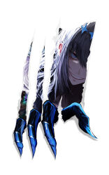 1boy absurdres against_fourth_wall antinese blue_eyes claws commentary evil_smile fate/grand_order fate_(series) fourth_wall grey_hair highres male_focus oberon_(fate) oberon_(third_ascension)_(fate) red_pupils smile