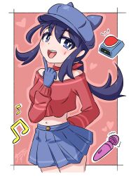 1girl aged_down blue_eyes blue_hair blush breasts cool_mita_(miside) female_focus hat jua medium_breasts medium_hair miside mita_(miside) navel note open_mouth sex_toy skirt solo standing tongue trembling vibrator