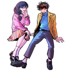 1boy 1girl :d ^_^ ankle_socks antenna_hair arm_support belt black_belt black_hair black_shoes blue_pants blue_sweater blush brown_hair brown_skirt bu3hgg closed_eyes closed_mouth commentary denim double-parted_bangs english_commentary film_grain fingernails full_body hair_behind_ear hair_between_eyes hair_ribbon hand_on_own_cheek hand_on_own_chin hand_on_own_face hand_up hero_(faraway)_(omori) hero_(omori) highres invisible_chair jacket jeans lapels layered_sleeves long_hair long_sleeves low-tied_long_hair mari_(faraway)_(omori) mari_(omori) mary_janes medium_skirt official_alternate_costume official_alternate_hairstyle omori open_clothes open_jacket open_mouth pants pink_sweater pleated_skirt pocket puffy_long_sleeves puffy_sleeves red_ribbon ribbon shoes short_hair simple_background sitting skirt smile socks spread_legs sweater sweater_tucked_in teeth turtleneck turtleneck_sweater upper_teeth_only white_background white_socks yellow_jacket