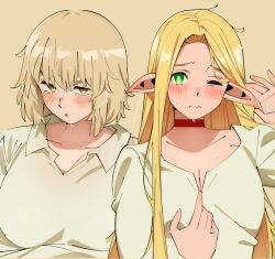 Rule 34 | 2girls, blonde hair, blush, breasts, brown background, brown hair, choker, cleavage, closed mouth, collarbone, commentary request, dress, dungeon meshi, elf, falin touden, falin touden (tallman), green eyes, grey dress, large breasts, long hair, marcille donato, multiple girls, pointy ears, red choker, sakura 1110ssmm, short hair, sweat, upper body, yellow eyes