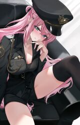1girl absurdres aiguillette belt_buckle black_hat black_shirt black_shorts black_thighhighs blue_eyes braid breasts buckle chair cleavage closed_mouth hat highres leg_up long_hair long_sleeves looking_at_viewer medium_breasts original peaked_cap pink_hair shaffelli shirt short_shorts shorts sitting smile solo thighhighs thighs very_long_hair