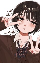 1girl :&lt; absurdres aegyo_sal black_bow black_bowtie black_eyes black_hair blush bow bowtie brown_shirt double_v frown heart highres koucha_(pankeki_koucha) looking_at_viewer original red_nails shirt short_hair sleeves_past_wrists tomboy upper_body v white_background