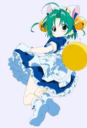 1girl ahoge animal_hat apron back_bow bell blue_dress blue_ribbon bow cat_girl cat_hat cat_tail closed_mouth commentary_request dejiko di_gi_charat dot_mouth dot_nose dress expressionless footwear_ribbon full_body gema green_eyes green_hair grey_background hair_bell hair_ornament hair_ribbon hat highres jingle_bell kneeling medium_hair mittens nekokawa_isugi parted_bangs petticoat puffy_short_sleeves puffy_sleeves ribbon shoes short_sleeves simple_background tail two_side_up white_apron white_bow white_hat white_mittens white_shoes