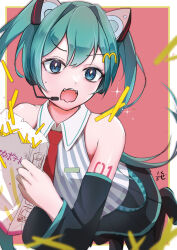 1girl animal_ear_headphones animal_ears aqua_eyes aqua_hair ascot bag bare_shoulders black_pantyhose cat_ear_headphones chiseru_01 detached_sleeves fake_animal_ears hair_between_eyes hair_ornament hatsune_miku headphones highres holding holding_bag long_hair long_sleeves looking_at_viewer mcdonald&#039;s open_mouth pantyhose paper_bag red_ascot shakacat shake_shake_fries shirt sleeveless solo striped_clothes striped_shirt