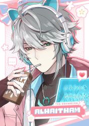 ... 1boy alhaitham_(genshin_impact) animal_ear_headphones animal_ears antenna_hair artist_name black_gloves black_shirt border cable cat_ear_headphones chain chain_necklace character_name chocolate_milk closed_mouth collared_shirt commentary drinking_straw drinking_straw_in_mouth english_commentary facebook_logo facebook_username fake_animal_ears fingerless_gloves flower_symbol genshin_impact gloves green_eyes grey_hair hair_between_eyes hand_up headphones heart holding holding_milk_carton holographic_interface jacket jewelry looking_at_viewer male_focus milk_carton necklace open_clothes open_jacket outside_border pink_background pink_jacket shirt short_hair solo sovereignteam speech_bubble spoken_ellipsis spoken_heart swept_bangs tiktok_logo turtleneck twitter_logo twitter_username upper_body white_border white_shirt
