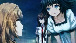 aqua_eyes arm_belt black_bow black_hair black_sash black_trim blonde_hair blue_dress blue_eyes bow breast_pocket breasts brown_hair brown_jacket chest_bow collar collarbone collared_shirt dress frilled_collar frills game_cg glasses hair_between_eyes hair_over_shoulder happy high_collar highres huke jacket jacket_partially_removed jitome kiryuu_moeka leaning_forward long_hair looking_at_another makise_kurisu medium_breasts medium_hair necktie night night_sky non-web_source official_art on_rooftop open_mouth outdoors pink_eyes pink_frills pocket puffy_short_sleeves puffy_sleeves purple_eyes purple_trim red_necktie ringed_eyes rooftop sash shiina_mayuri shiny_lips shirt short_sleeves shorts shorts_under_dress shorts_under_skirt sky small_breasts smile square_pupils steins;gate steins;gate:_linear_bounded_phenogram surprised tareme tongue waist_sash white_shirt