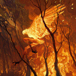 Rule 34 | 1girl, arms up, bird legs, branch, commentary, english commentary, feathered wings, fire, forest, from side, full body, harpy, highres, knee up, leaning forward, midair, monster, monster focus, monster girl, nature, original, outstretched arms, rhads, smoke, solo, talons, tree, winged arms, wings